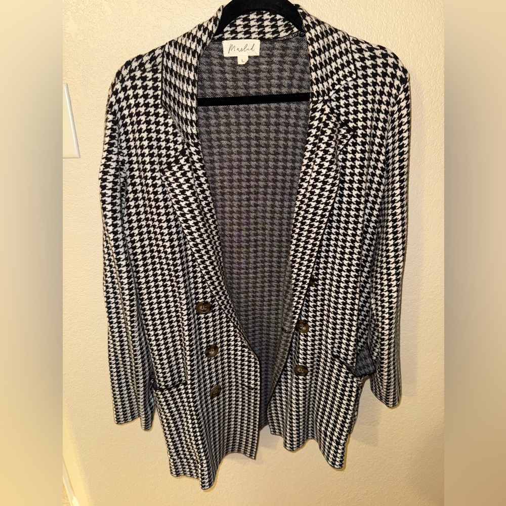 Marled Houndstooth Double-Breasted Blazer - Black & White